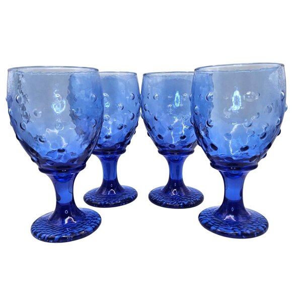 Libbey Hobnail Cobalt Blue Glass Goblets Set Of 4 Unique Textured Drinkware - Picture 1 of 12
